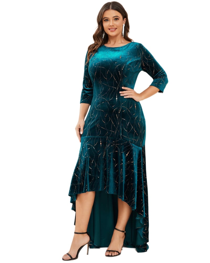 Front of a model wearing a size 14 Women's Stylish Bodycon High-Low Velvet Party Dress in Teal by Ever-Pretty. | dia_product_style_image_id:325267